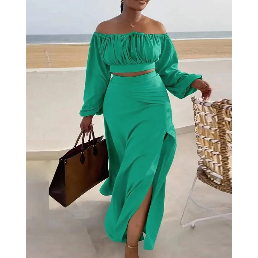 Women Ruched Lantern Long Sleeve Off Shoulder Crop Top & High Waist Side Slit Maxi Skirt Set Solid Two Pieces Outfit. S-3xl