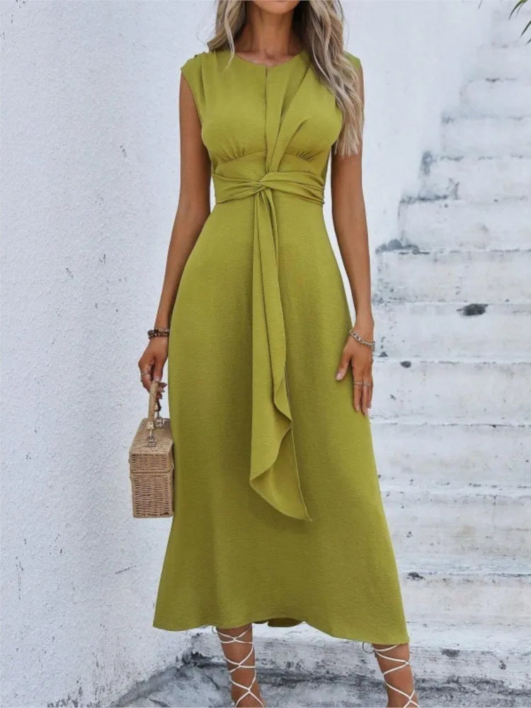 Women's Summer Solid Color Waistband Long Sleeveless Slim Elegant Dress 2025. S-2X