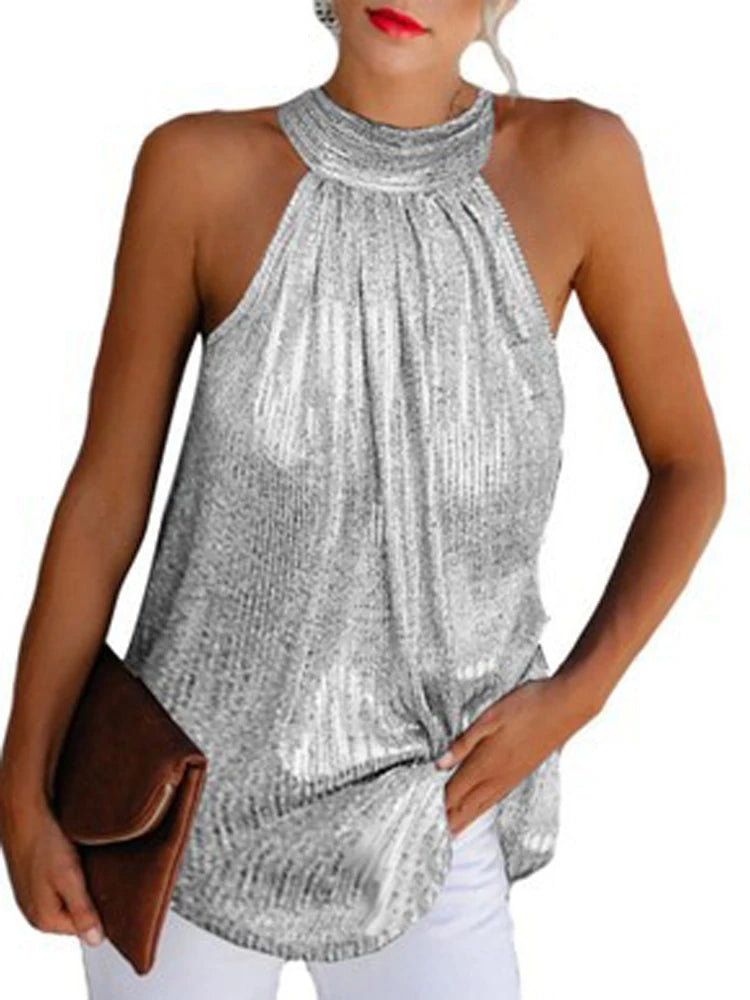 Women Halter Sleeveless Loose Sequined T- Top . S-4X
