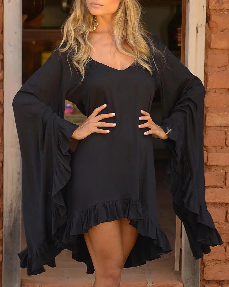 Solid Colour V-Neck Ruffle Hem Bell Sleeve Slight Stretch Dress. S-xxL