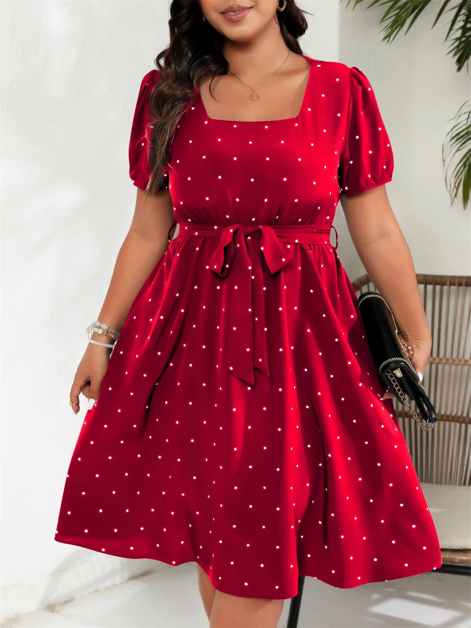 Plus Size Square Neck Polka Dot Belted Dress Women's Elegant High Waist Summer A-line Dress