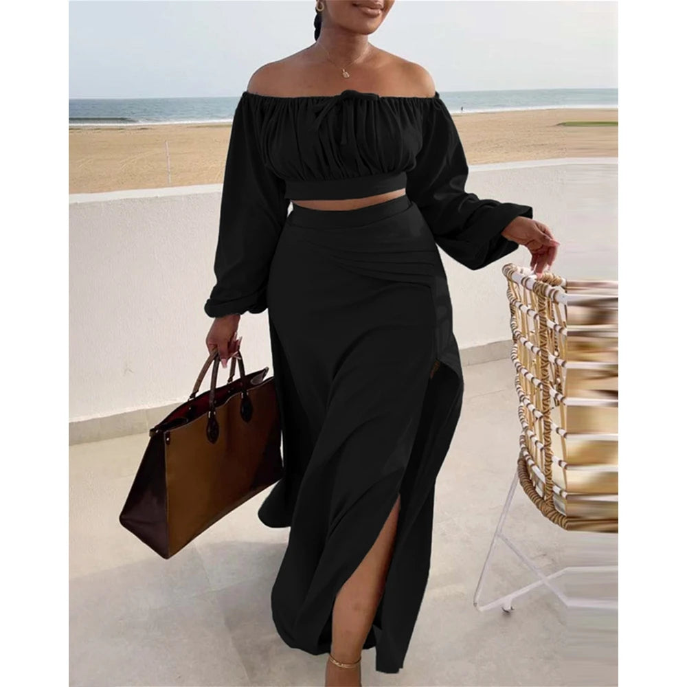 Women Ruched Lantern Long Sleeve Off Shoulder Crop Top & High Waist Side Slit Maxi Skirt Set Solid Two Pieces Outfit. S-3xl