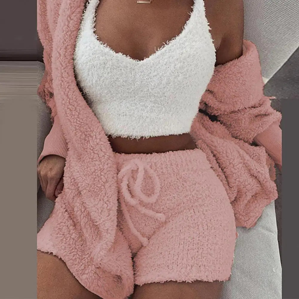 3 Piece Fluffy Outfit Plush Sexy Backless Fleece Pyjamas/Lounge wear Set