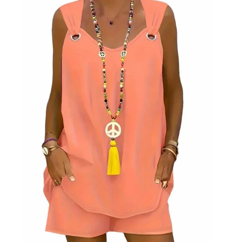 Women's Plus Size Casual Two-Piece Set Tank Top Grommet Eyelet Detail & Trendy Comfortable Shorts