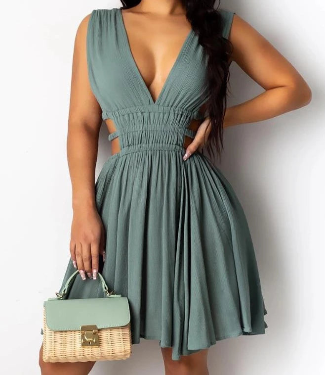 Flattering High Waist Sleeveless V-Neck Solid Elegant Party Mini Dress. Sz S-2X