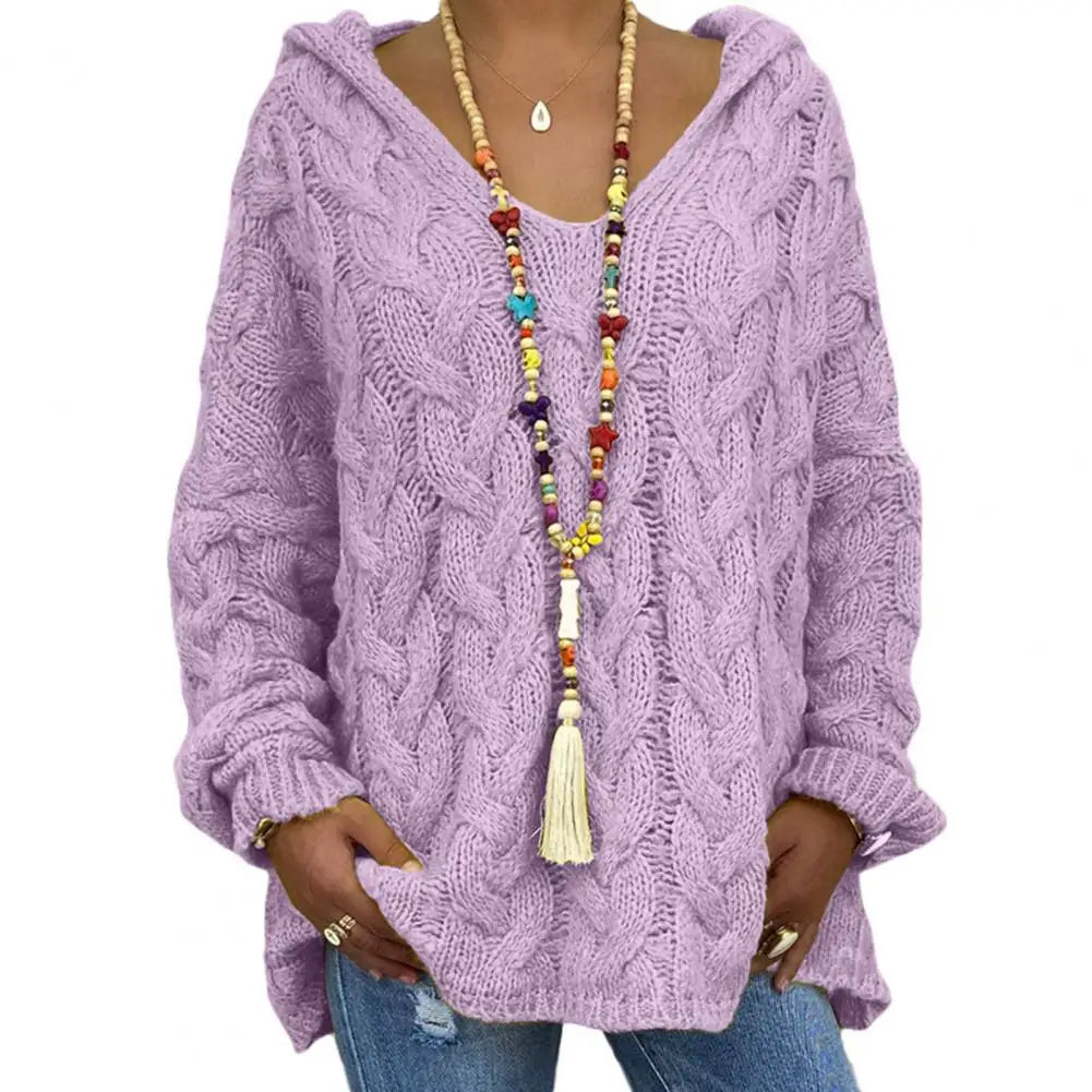 Hooded V-Neck Long Sleeves Twist Knitted Solid Colour Loose Sweater. S-3x