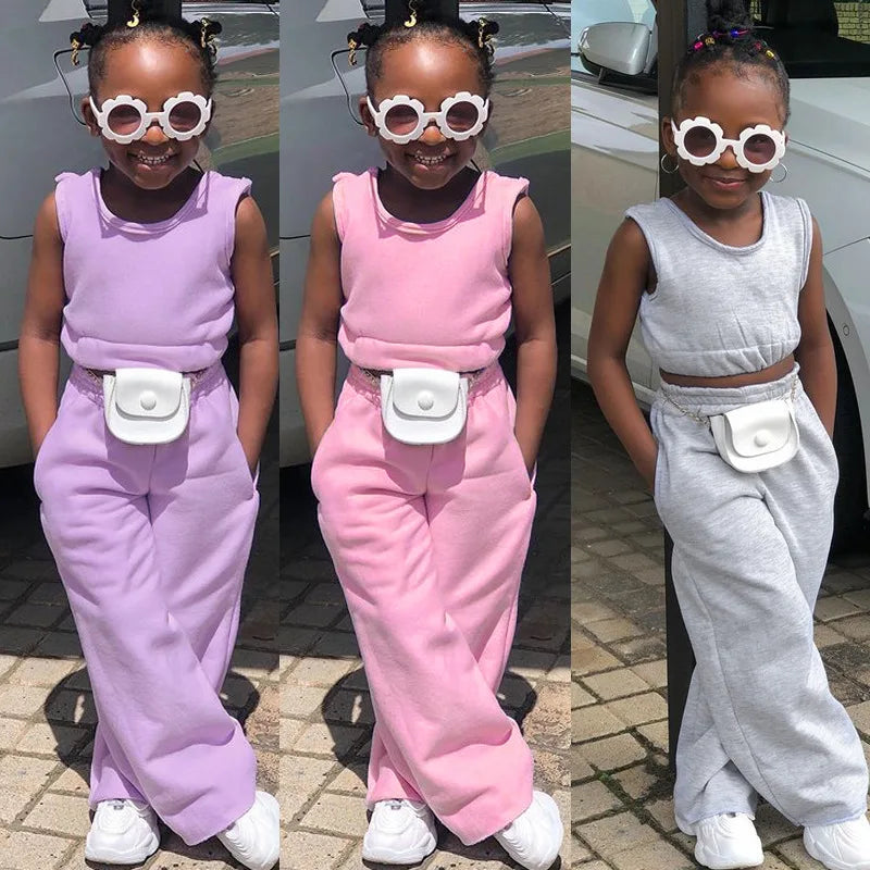 Fashion Kids Little Girls Clothing 2 Pieces Sets Cotton Solid Casual T-shirt+Elastic Waist Pants Young .
