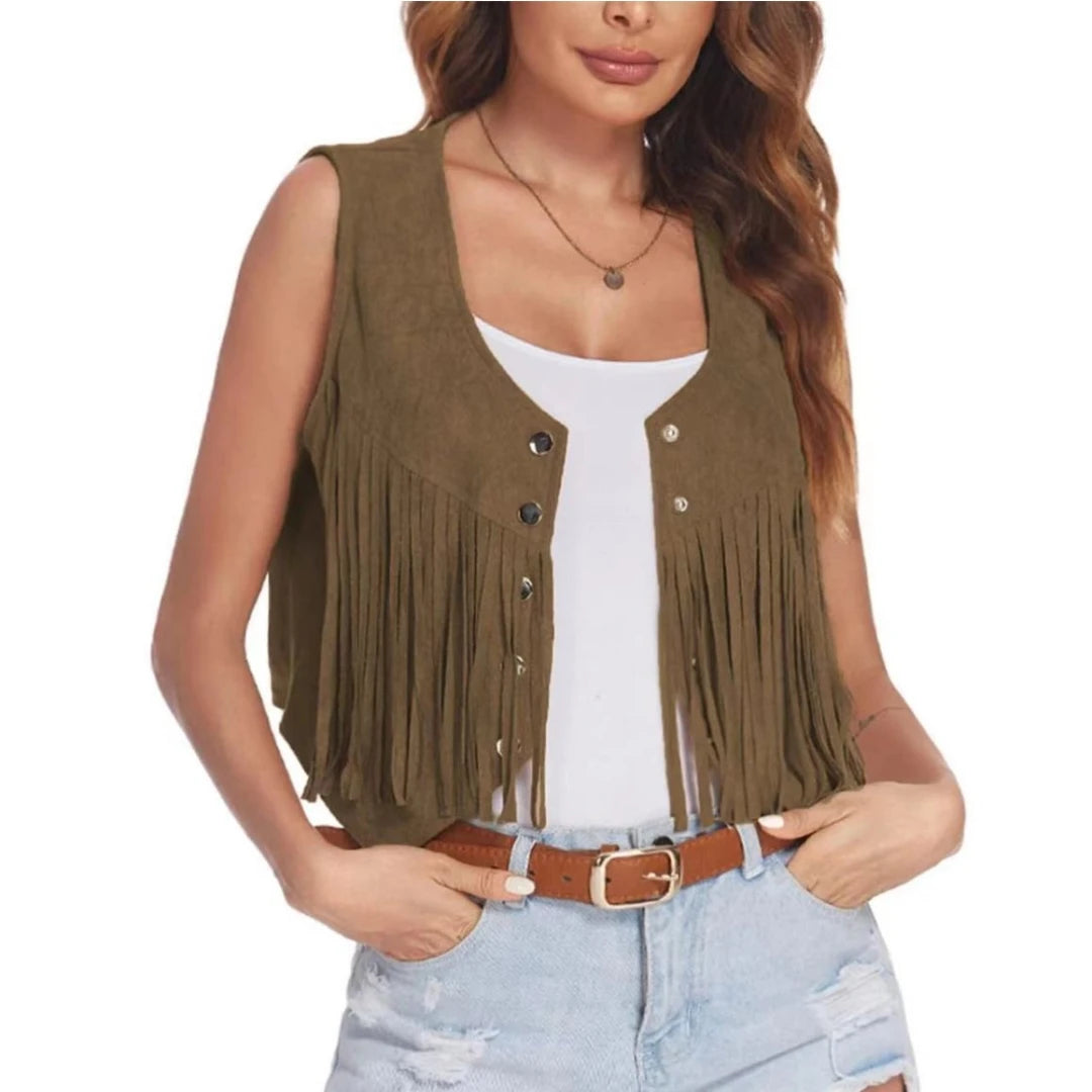 Women Faux Suede Ethnic Sleeveless Rivet Fringe Tassels Hippie Open Front Vest Vintage Cowgirl Vest