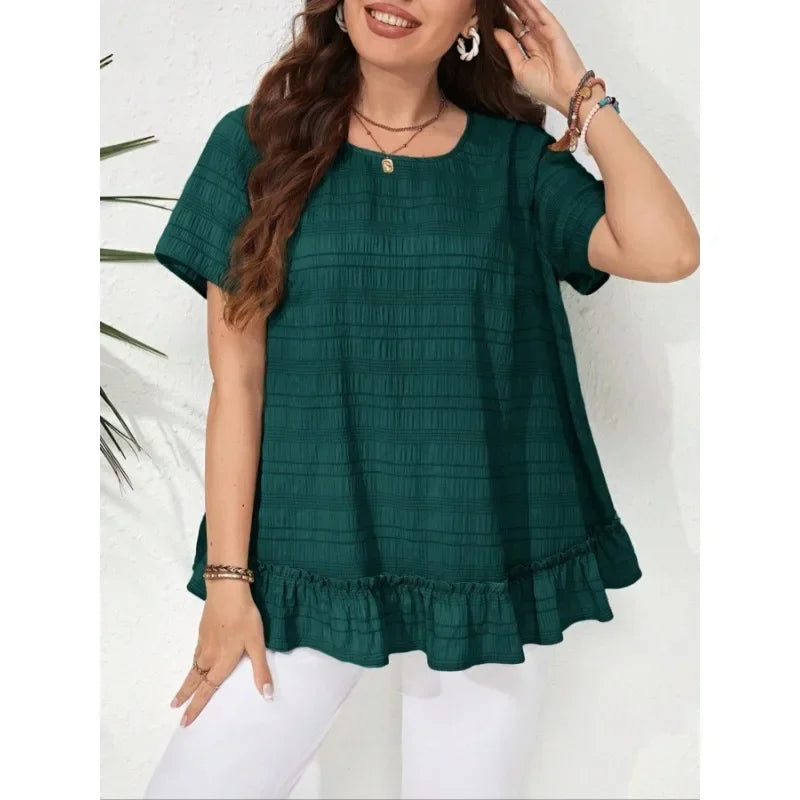 Plus Size 1XL-5XL Women's Casual and Fashionable Ruffled Round Neck Short Sleeved Shirt.