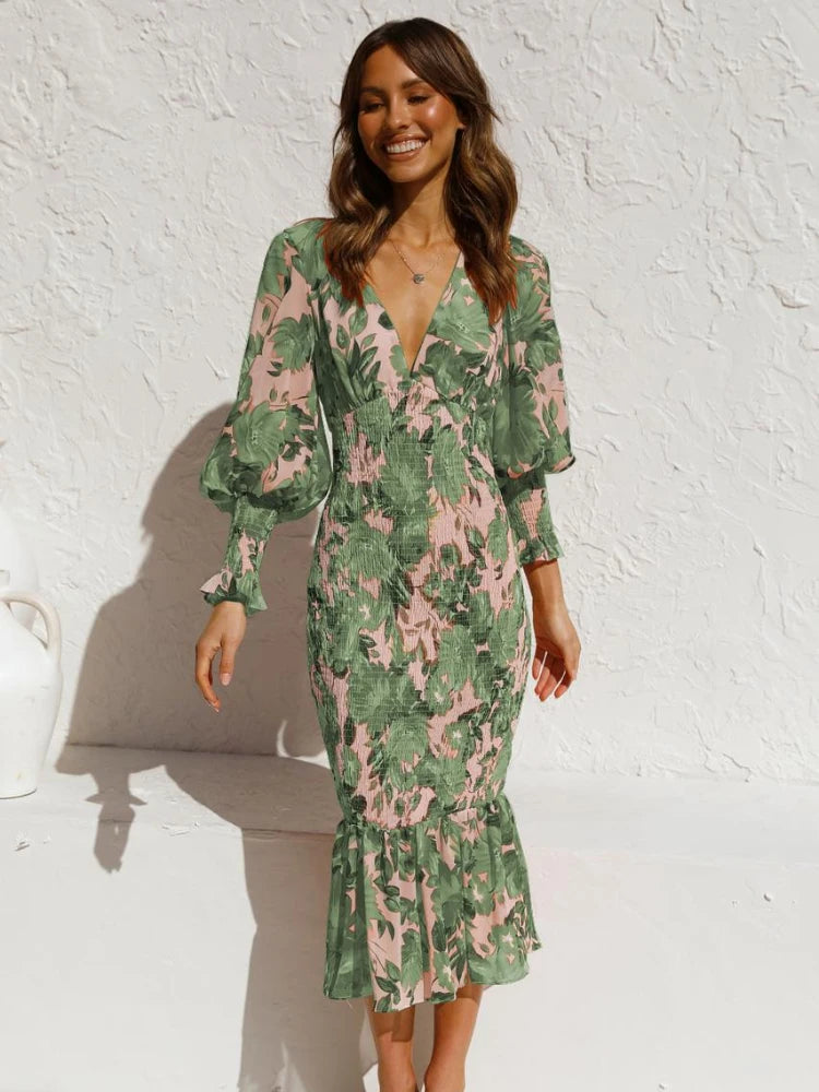Floral Print Lantern Long Sleeve Elastic Midi Dress Women Chiffon Sexy Bodycon Ruffle Elegant Evening Party Dress. S-2X