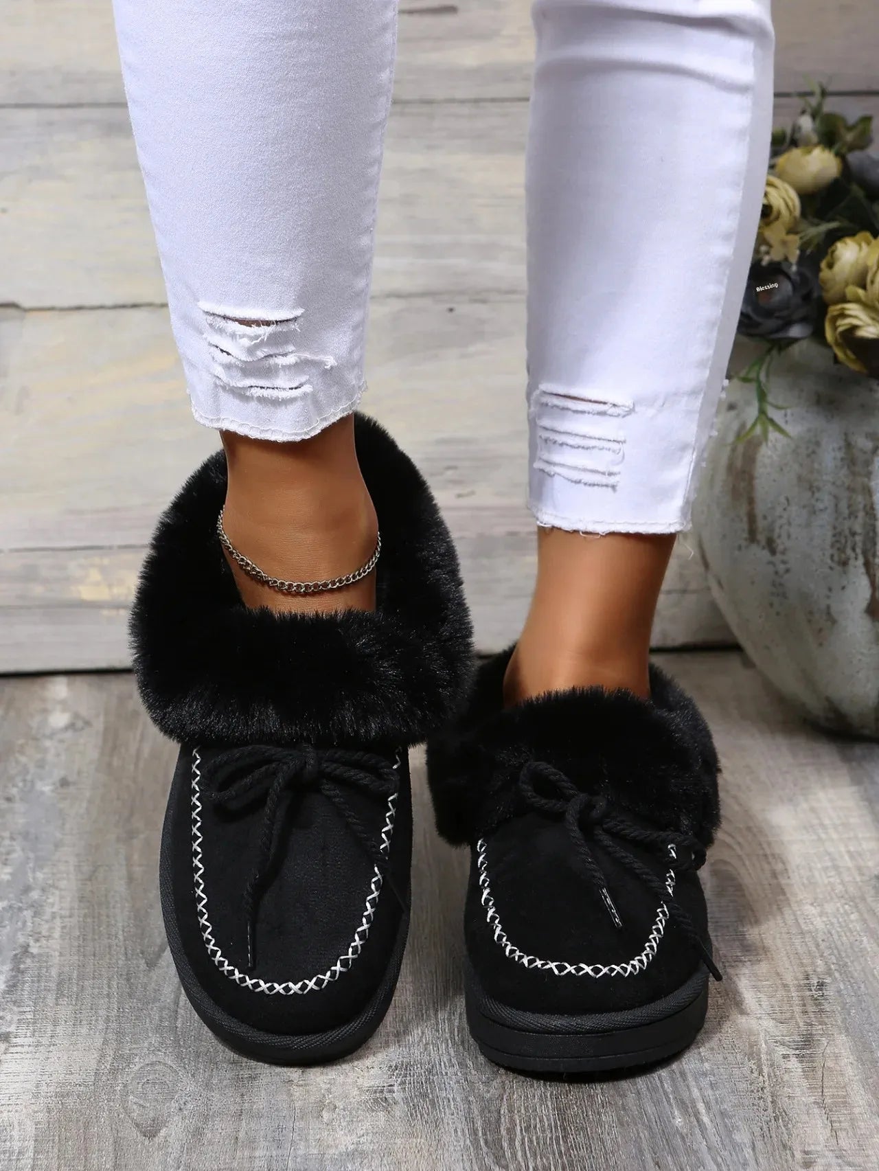 Women's Thick Bottom Fleece-Lined Cotton Shoes One-Step Lazy Shoes Velvet Moccasins