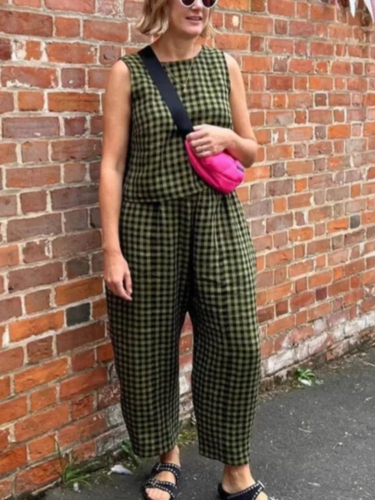 Women Pant Set Fashion Plaid Print Sleeveless Top Loose Pants Two Piece Casual Outfit. S-2X