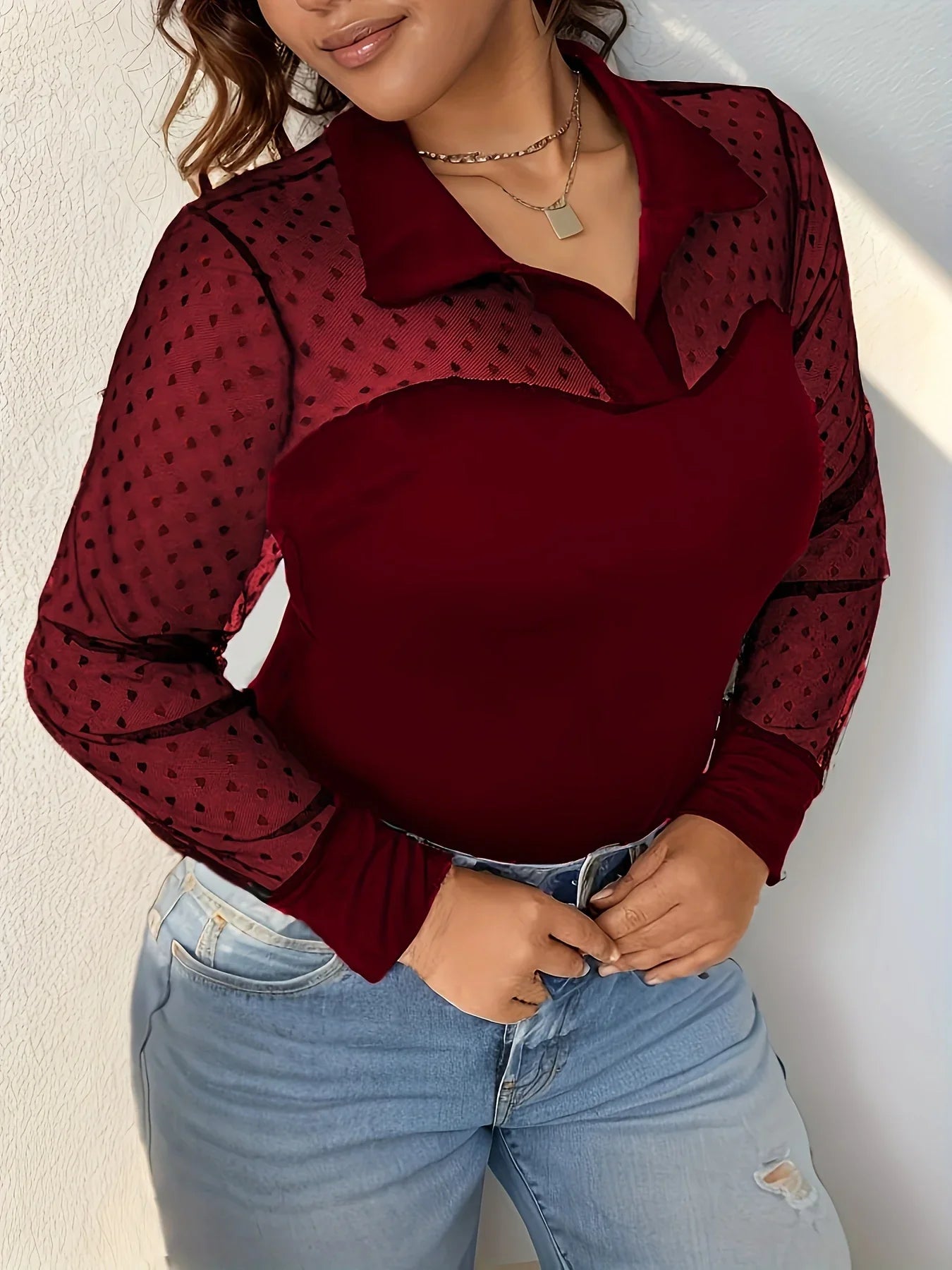 Plus Size Dot Mesh Blouse, Elegant Collared Long Sleeve Top.