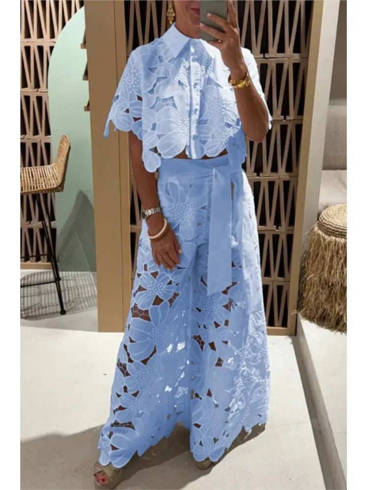 Sexy Lapel Single-breasted Shirt Top + Wide-leg Pants 2-piece Set Women. S-3x
