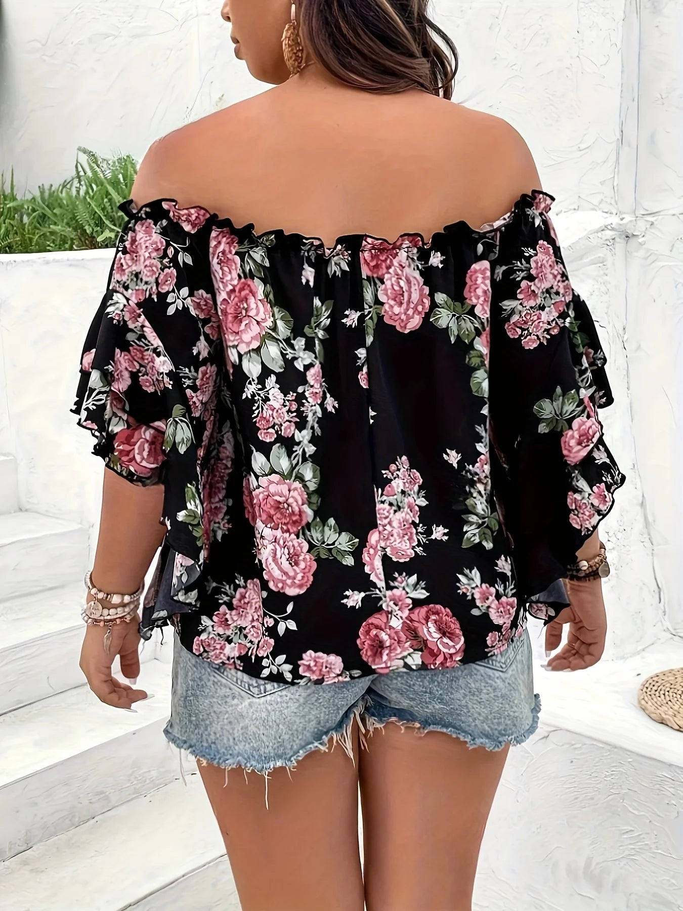 Plus Size Summer Women Elegant Chiffon Floral Print Off the Shoulder Ruffle Sleeve .