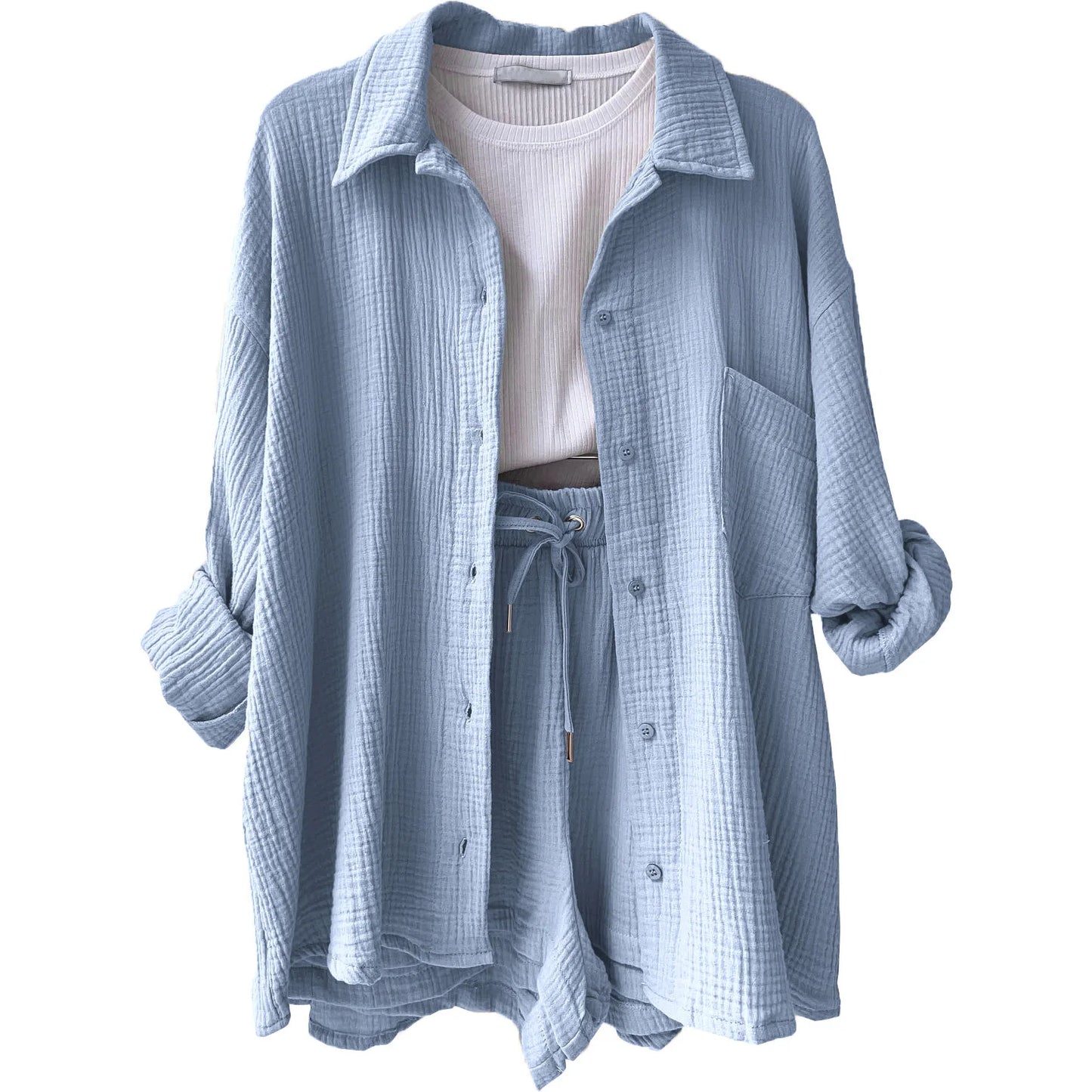 Ladies Shorts And Single Breasted Cardigan Blouse Two Piece Shorts And Loose Button Up. S-2x