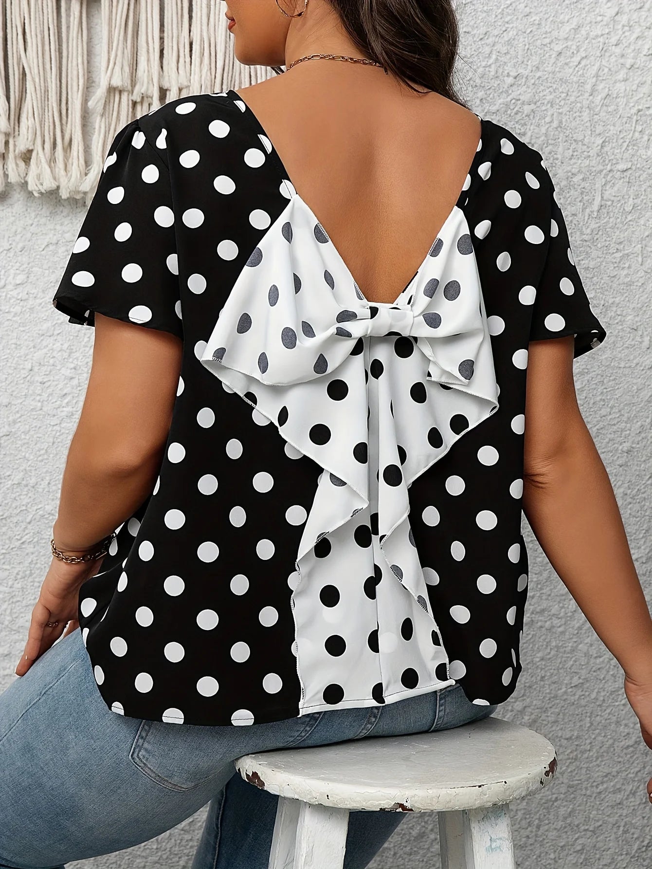 Plus Size Summer Elegant Print Shirt for Women Casual Bow Back Curvy Blouse
