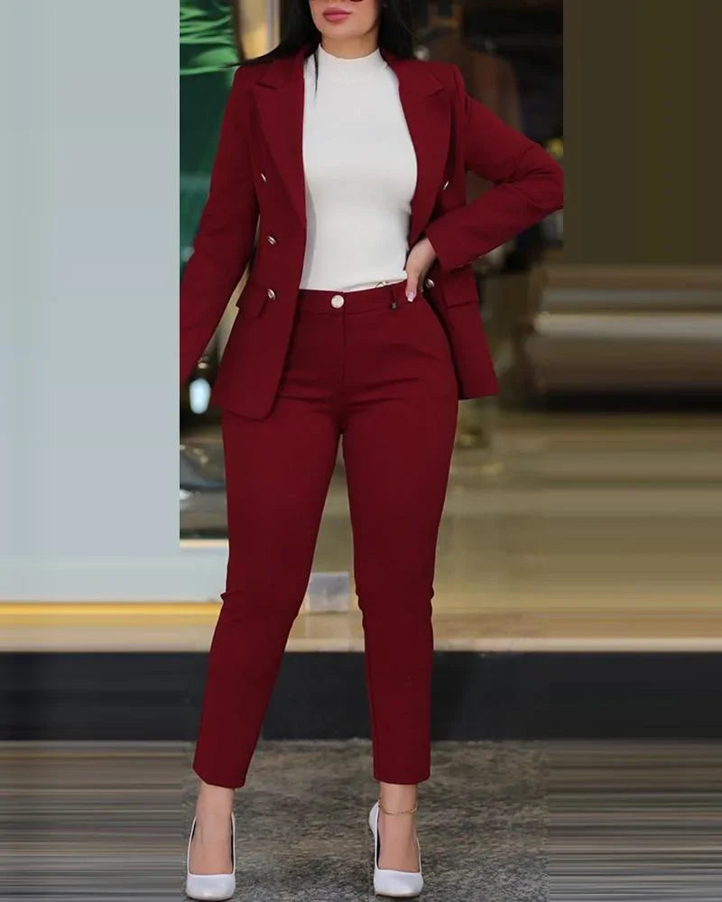 2pcs Women Clothing Set Long Sleeve Blazer Jacket & High Waist Pencil Pants Solid Colour. S-2x