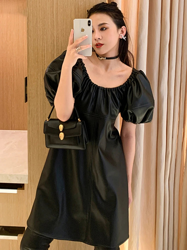 Nerazzurri Spring runway high quality Synthetic leather dress lantern sleeve Elegant Luxury dress new arrival 2025. S-6X