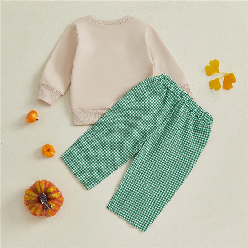 Toddler Baby Boys Halloween Set Pumpkin and Truck Embroidery Long Sleeve Pullover and Plaid Pants 2 Pcs Outfits.
