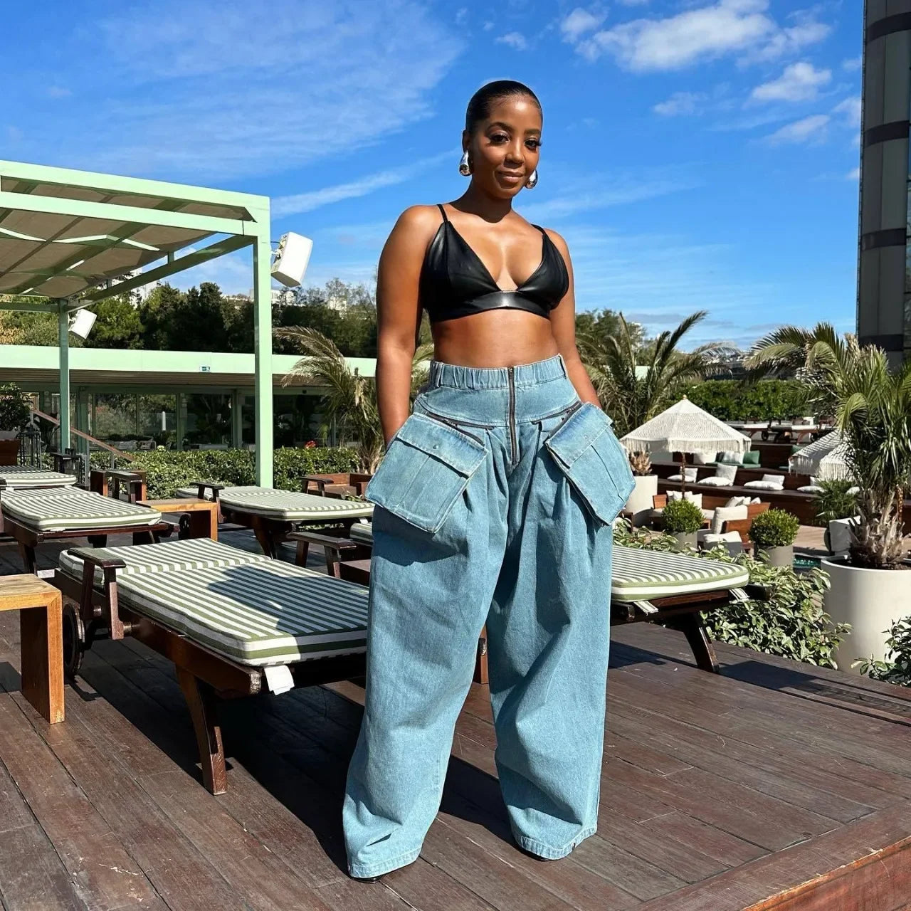 Ladies Fashion Sexy Retro Women's Casual Wide Leg Loose Heavy Duty Denim Two-piece Set. S-2x