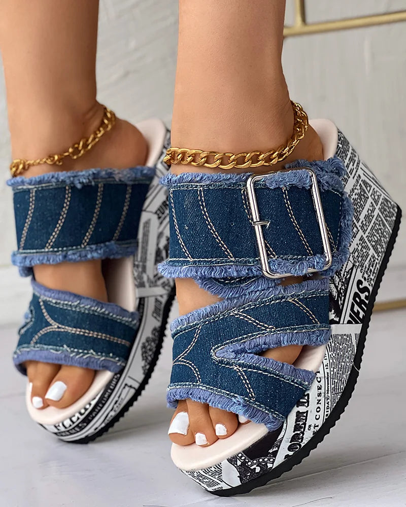 Women Casual Fashion Daily Wear Summer Buckled Denim Wedge Sandals