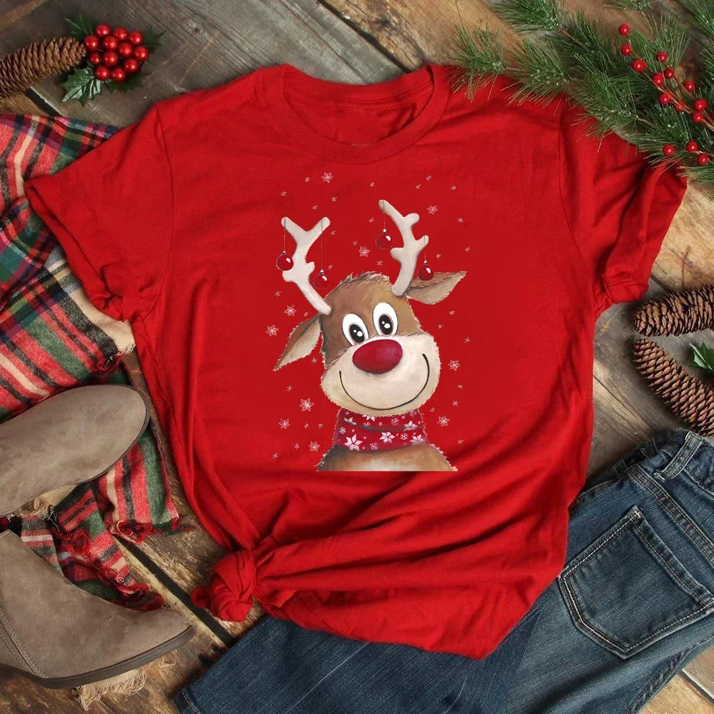 Women's Kawaii Christmas Top - Santa Claus & Deer O-Neck Y2K T-Shirt. S-3X