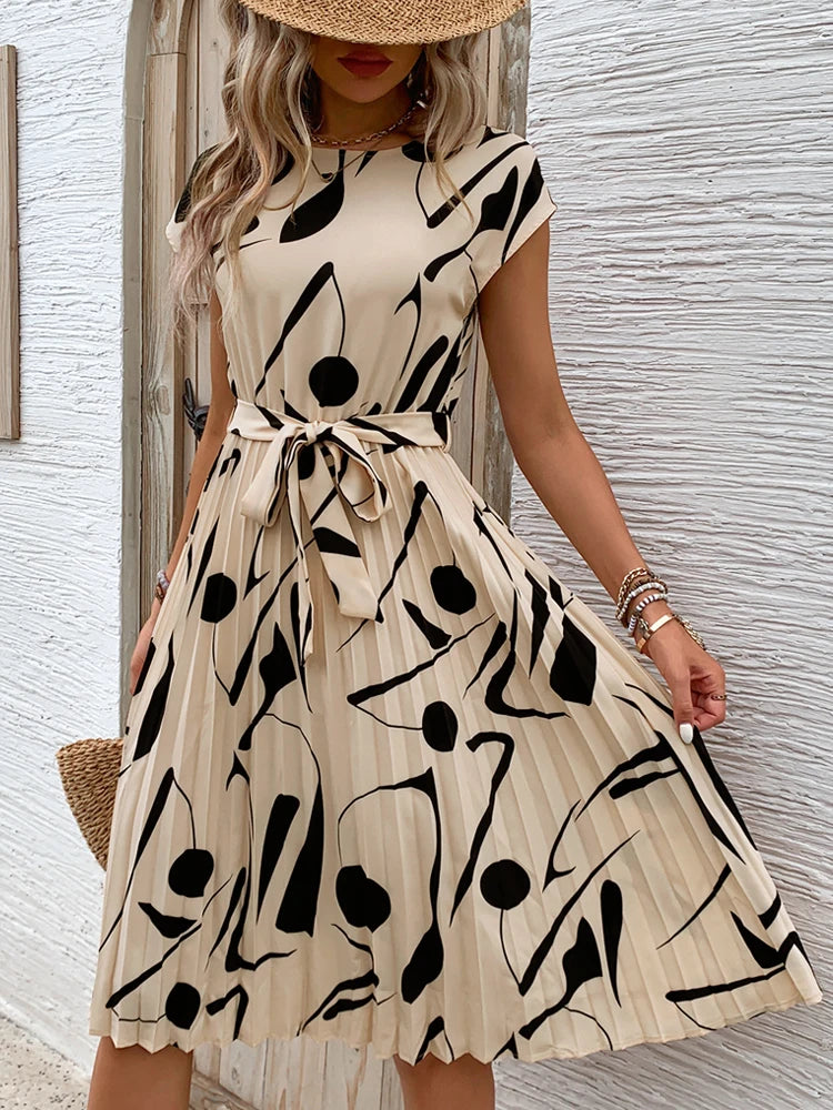 Summer Europe hot selling pleated round neck flare dress.
