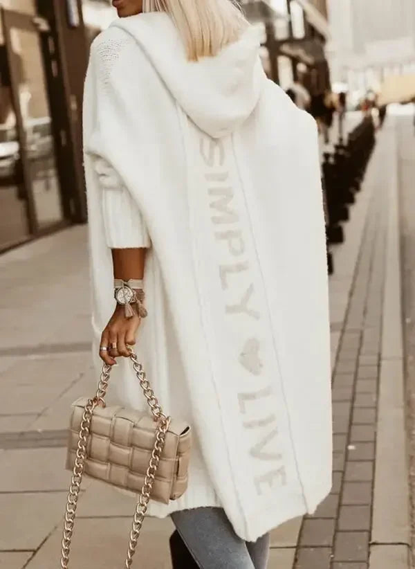 Ladies Hooded Long Cardigan Long Sleeve Autumn Winter Letter Printed Loose Fit. S-2x