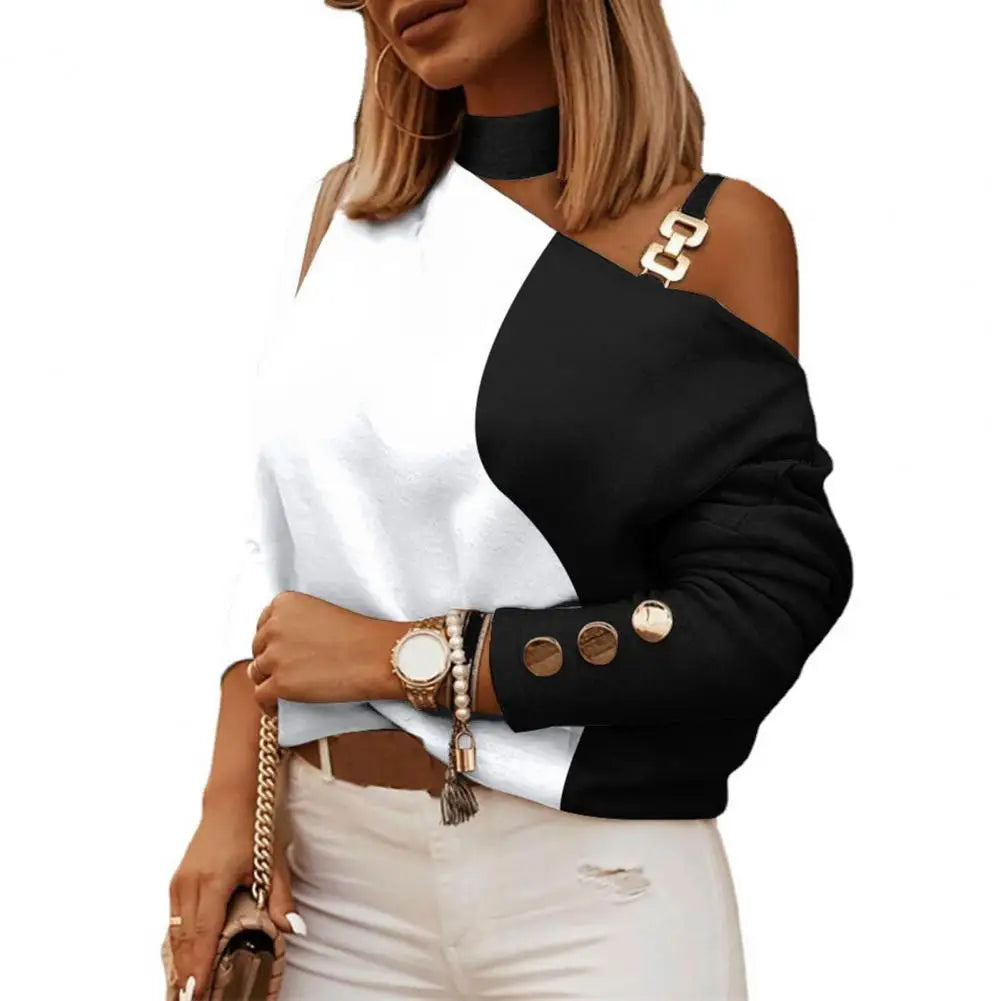 Spring And Autumn Women's Fashion Metal Button Oblique Shoulder Neck Shirt Elegant Woman Printed Long Sleeve Slim Fit Top Blouse. S-2x