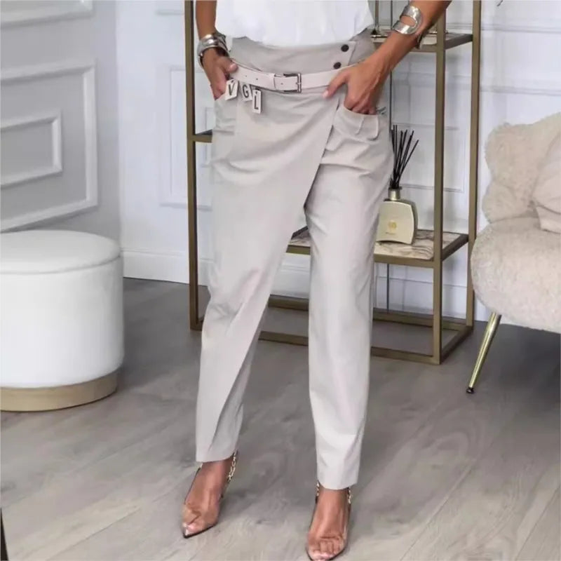 New Asymmetric High Waist Pants For Women Fashion Chic Belt Straight Pants Casual Solid Colour Bottoms. S-3x