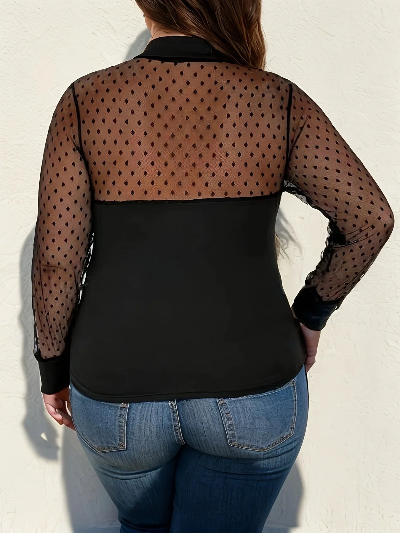 Plus Size Dot Mesh Blouse, Elegant Collared Long Sleeve Top.