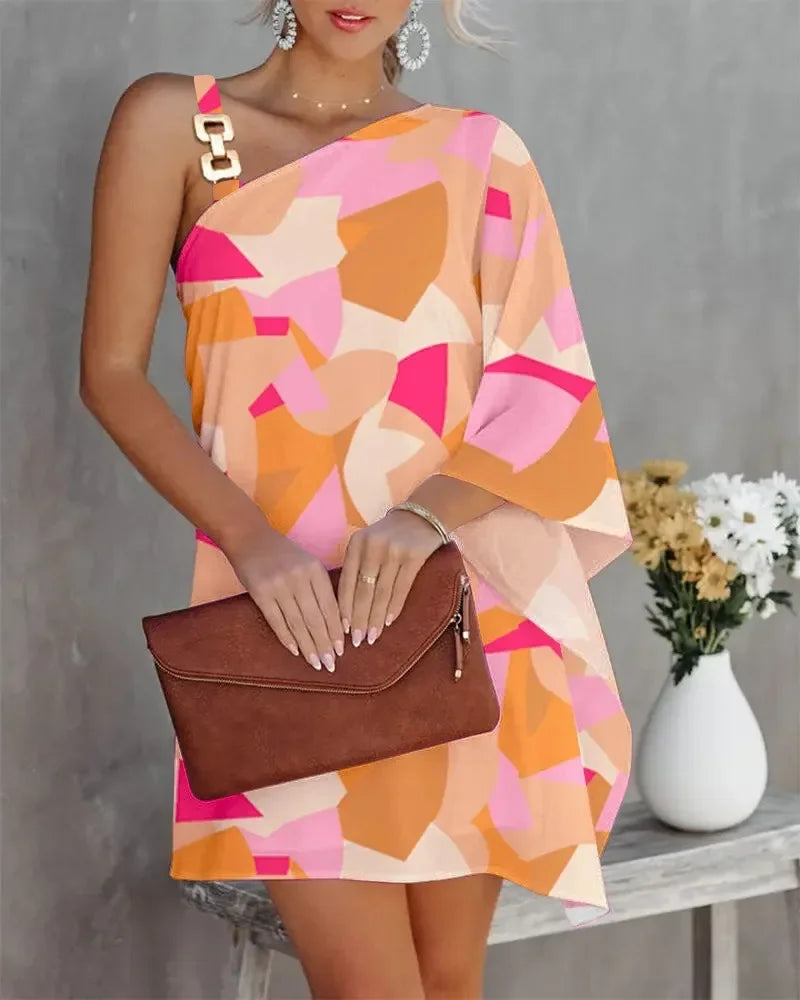 Summer Women's Dress One Line Diagonal Neck Off Shoulder Solid Colour and Metal Strap Bat Sleeve Dress. S-2X