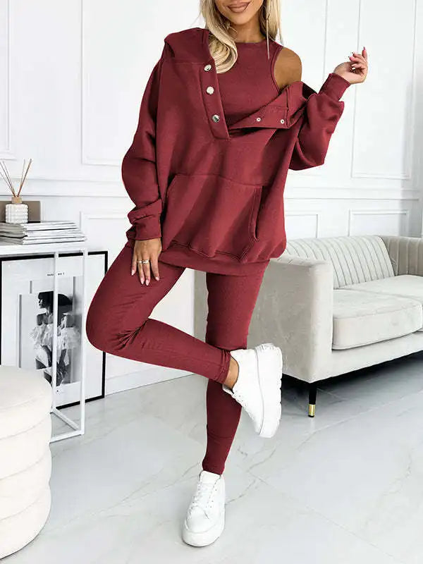 Women Hooded Long-sleeve Pocket Pullover 3-piece Hoodie Vest Pants Set Soft Thick Warm Sweatsuit . Sz: S-3X