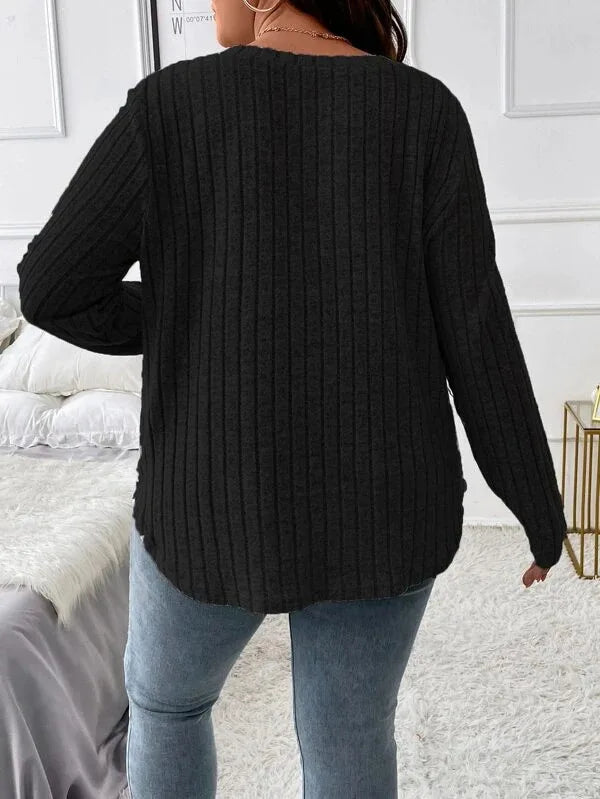Plus Size Long Sleeve Casual Fashion V Neck Solid Colour Tops