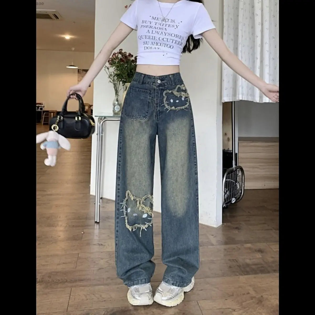 Ladies Hello Kitty Korean Version Street wear Jeans Vintage Blue Loose Cut. Sz S-2X
