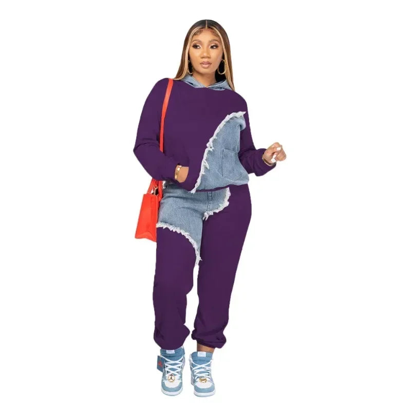 Women Denim Pocket Design Hoodie Top & Loose Pants Two Piece Set Fashion Street-Wear. S-3X