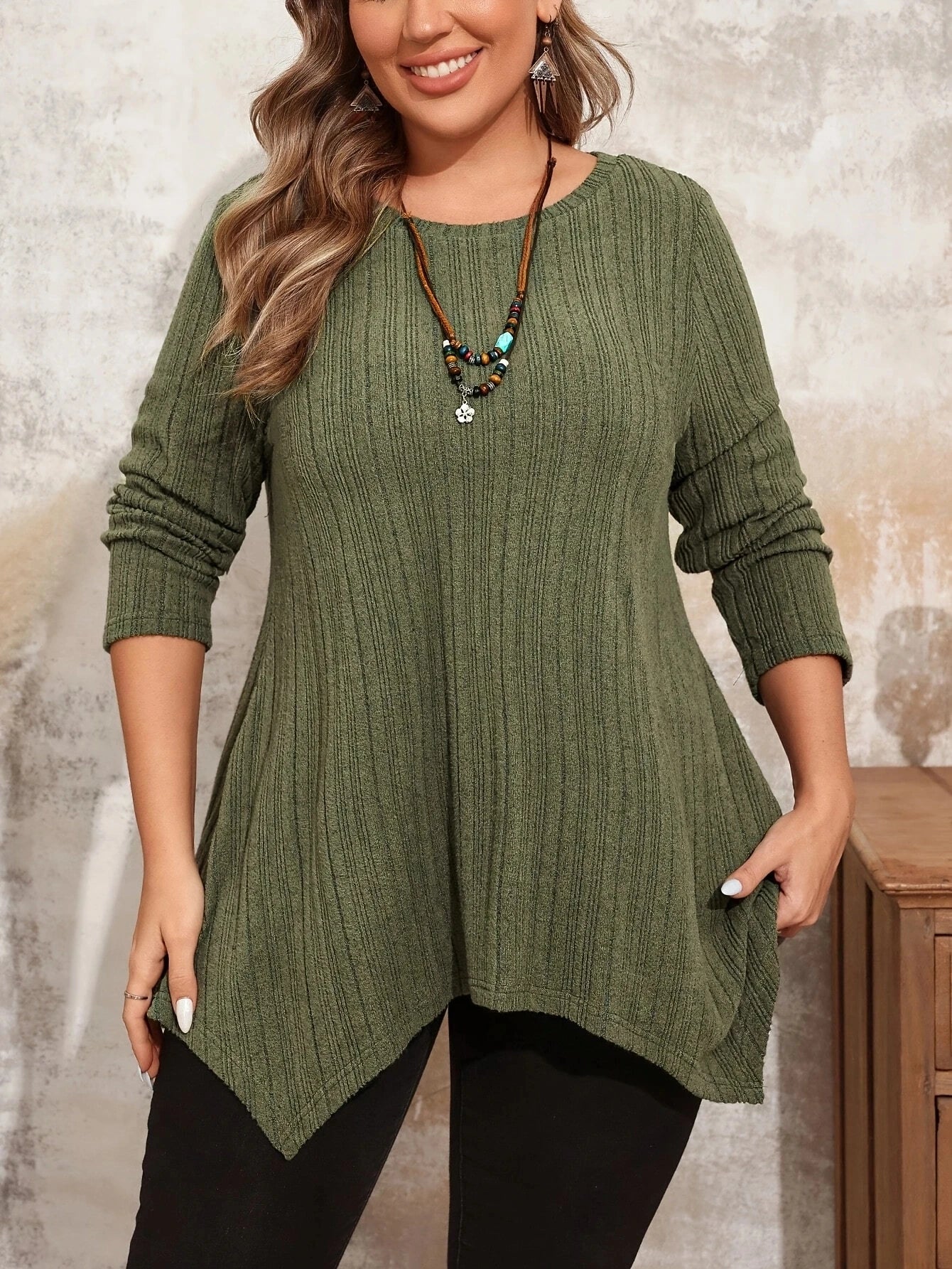 Plus Size Casual Long Sleeve Crew Neck Top For Spring & Fall,