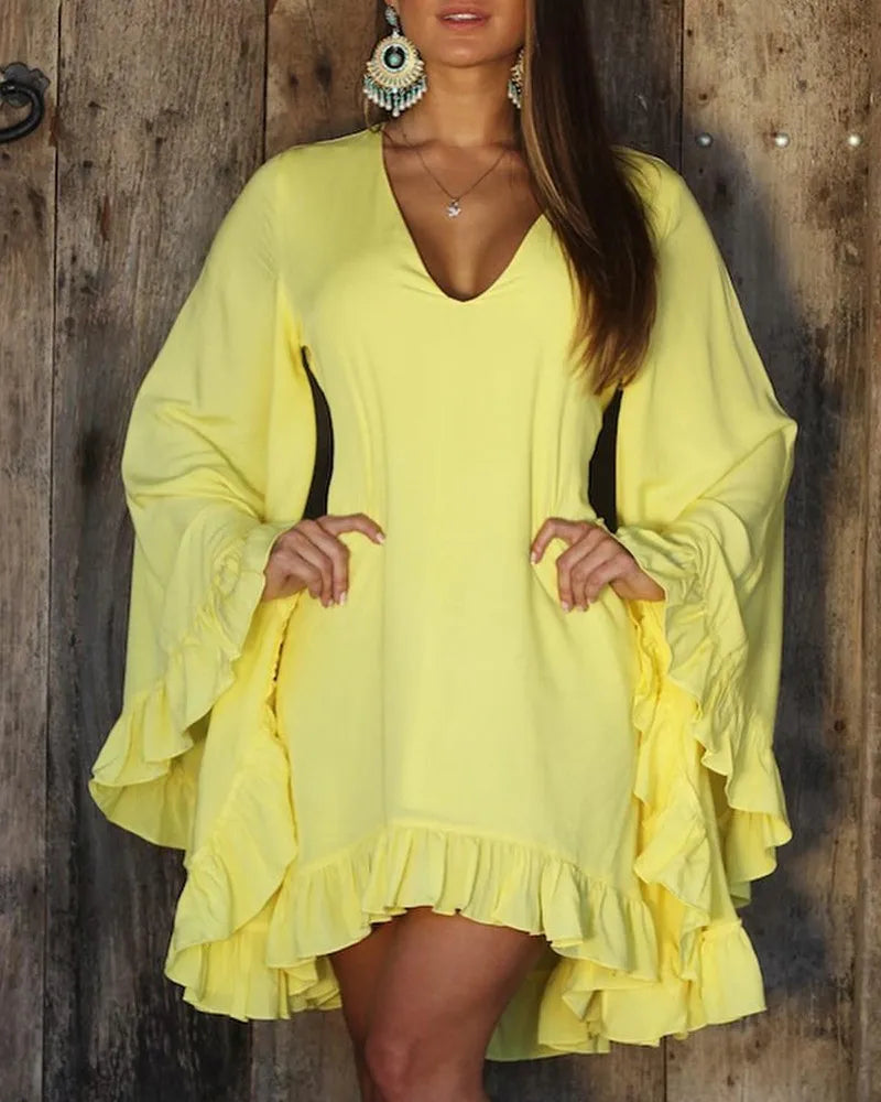 Solid Colour V-Neck Ruffle Hem Bell Sleeve Slight Stretch Dress. S-xxL