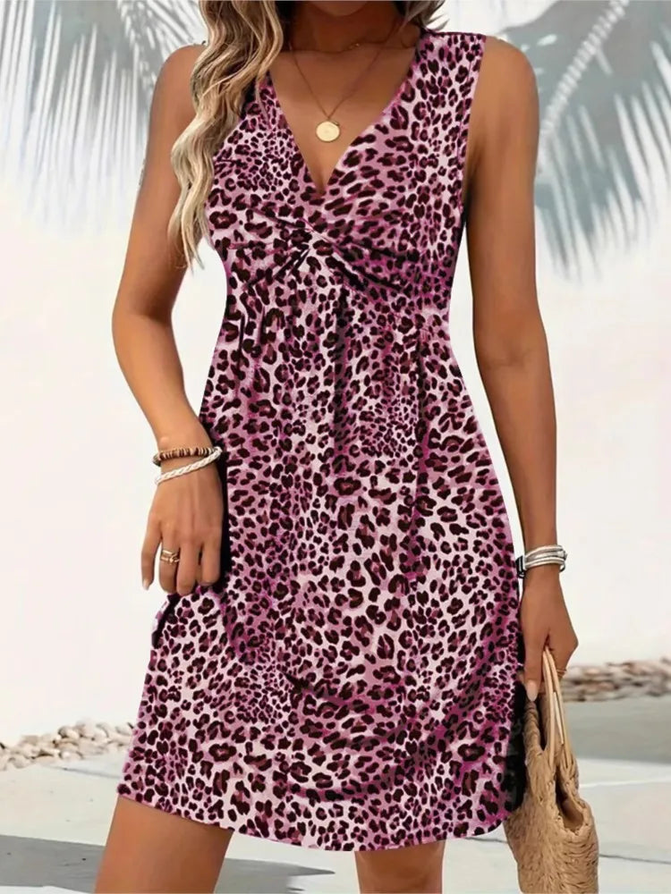 Summer Style Leopard Print Dress Women Fashion Vacation Elegant Vintage V-neck Sleeveless Party Dress. Vestidos . S-2X