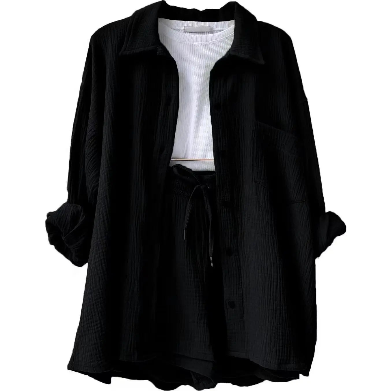 Ladies Shorts And Single Breasted Cardigan Blouse Two Piece Shorts And Loose Button Up. S-2x