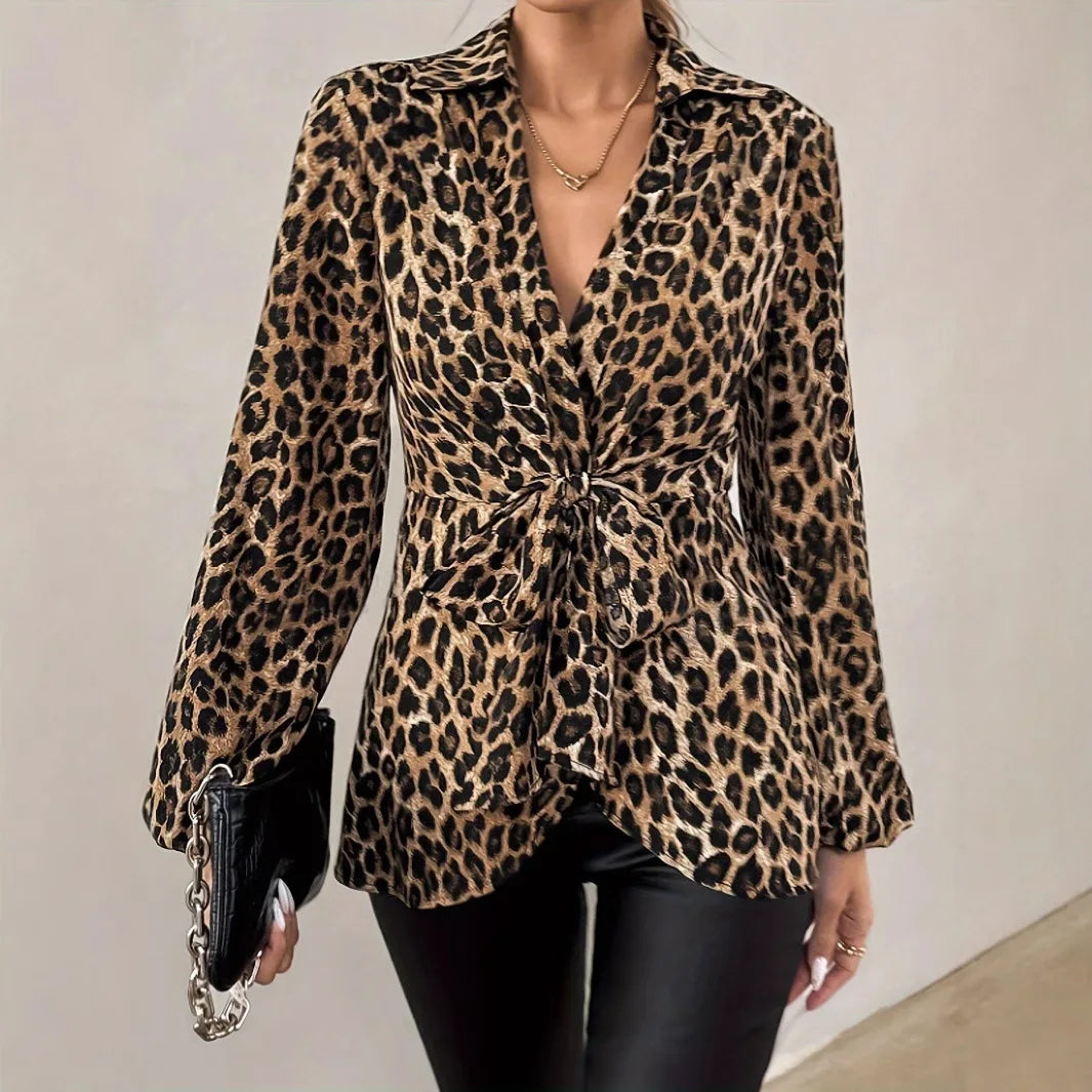 Fashion Women New Leopard Print V-neck Long Sleeved Blouse 2025. S-2X
