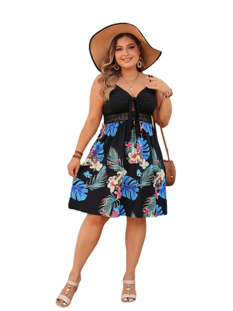 Plus Size Summer Floral Print Dress Lace Sexy Fashion Ladies Dress