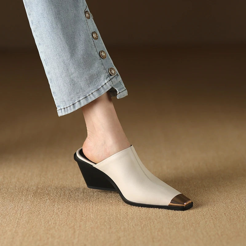 Women's New Summer Metal Headed Genuine Leather Cowhide Large Square Headed Retro Muller Slip on Shoe