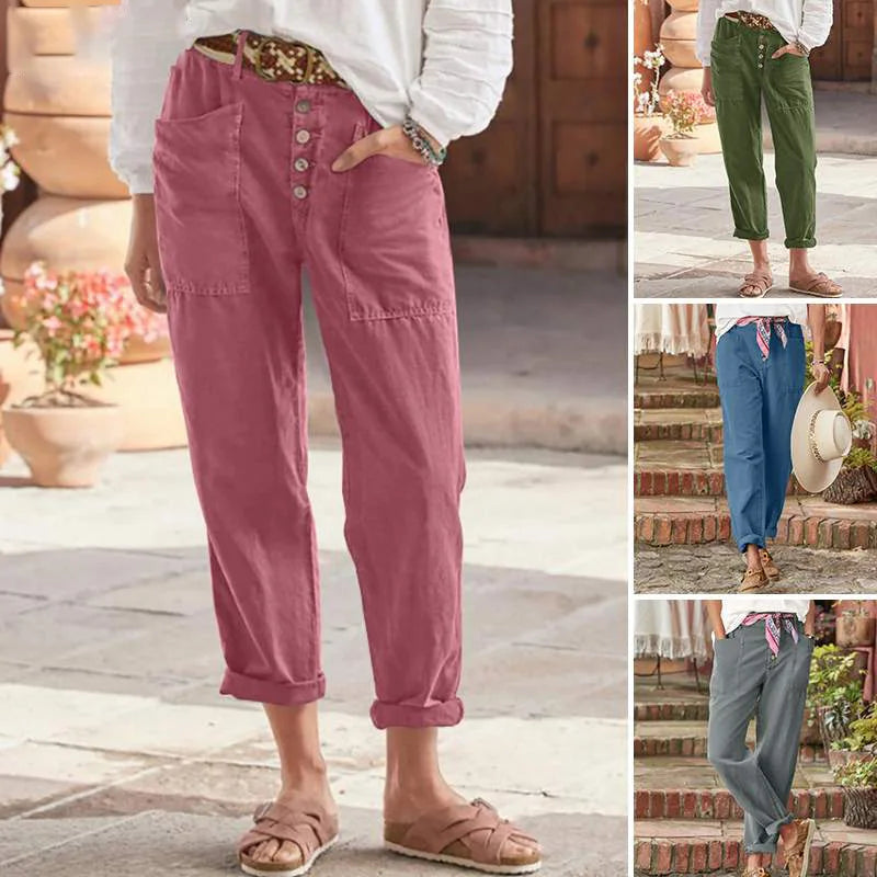 Women's New Casual Pants With Button Cotton And Linen Loose Casual Solid Colour Comfortable Loose Fit Cropped Pants. S-3X