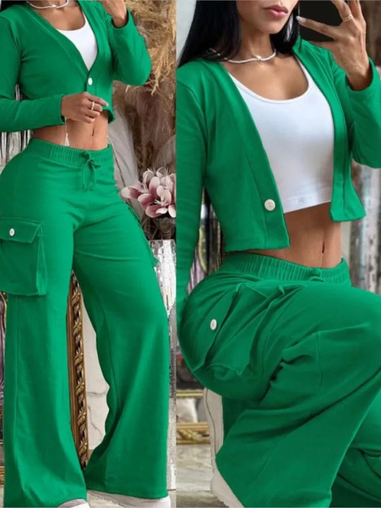 Women's New Fashionable Solid Colour Short Top Casual Pants Set For Women. S-2X