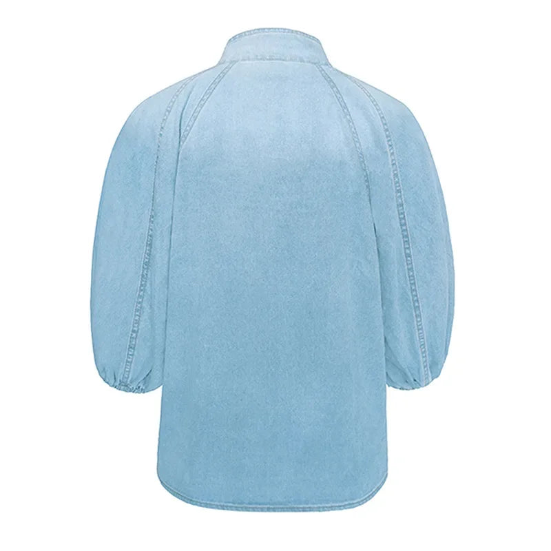 Women Denim Turtleneck Splice Puff Sleeve Loose Irregular Top Solid Pullover Casual Street-wear Shirt. S-XXL