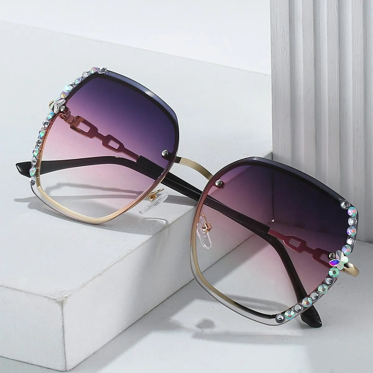 Rhinestone Decor Rimless Fashion Sunglasses For Women Casual Gradient Glasses For Summer UV400