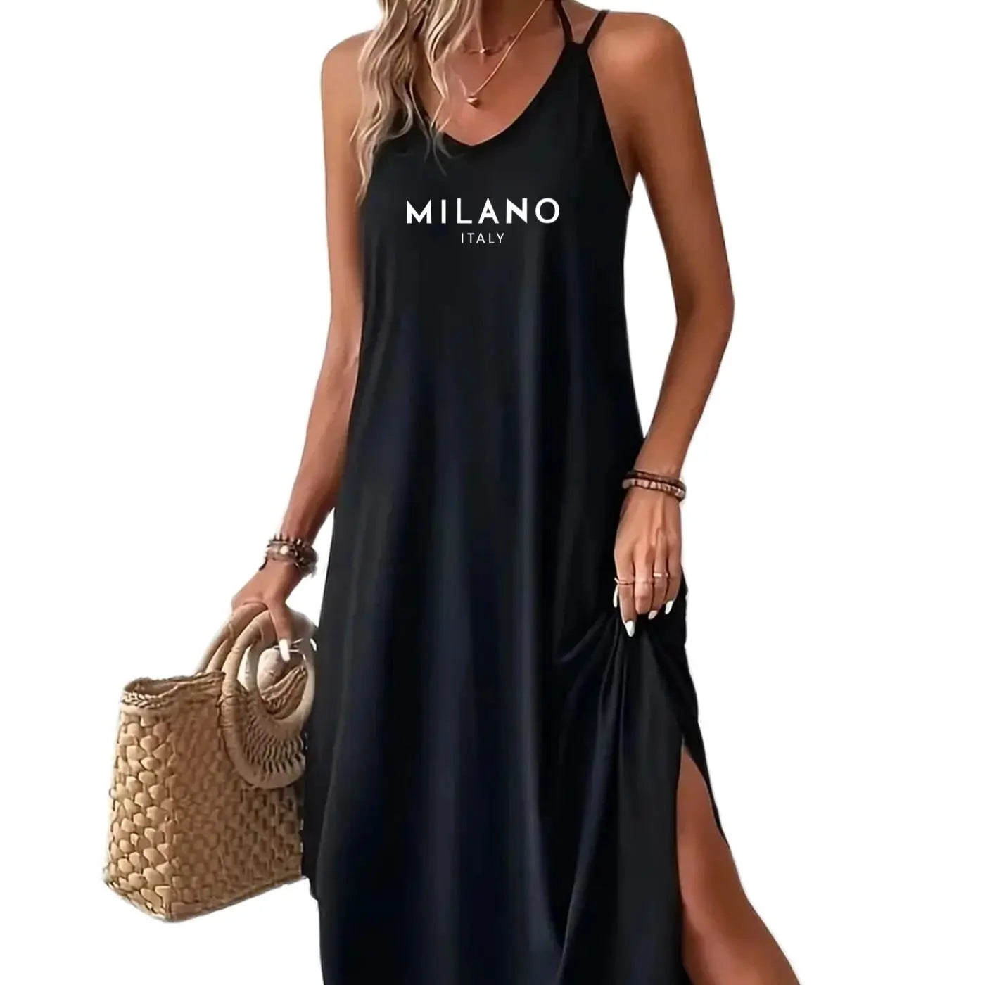 Curved Hem Cami Dress, Sexy Sleeveless Spaghetti Strap Loose Maxi Dress, xs-xl