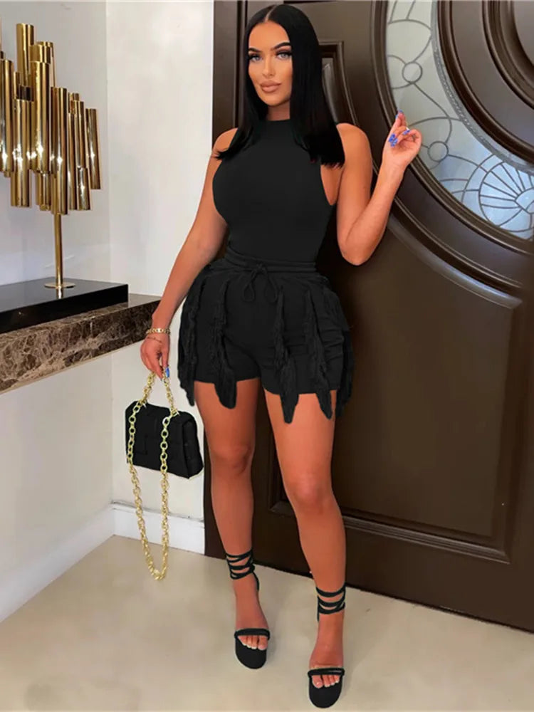 Posh Two Piece Ladies Sleeveless Crop Top, Tassel Shorts Solid Colour. S-2x